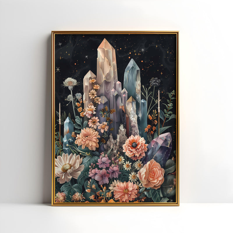 a painting of flowers and rocks on a white wall