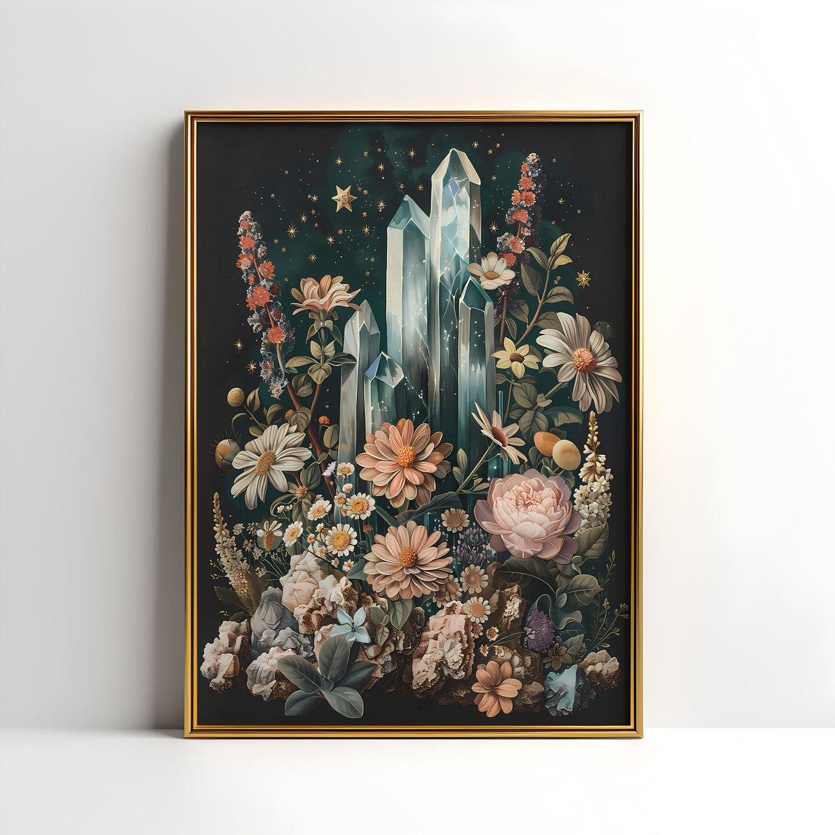 a painting of flowers and rocks in a frame