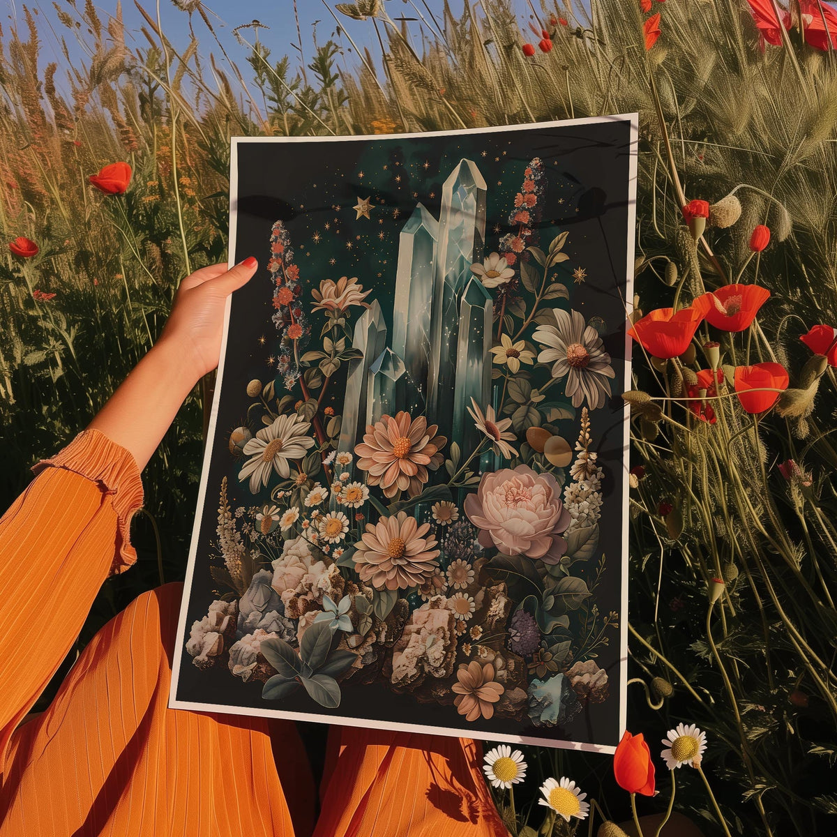 a person holding up a picture of a castle in a field of flowers