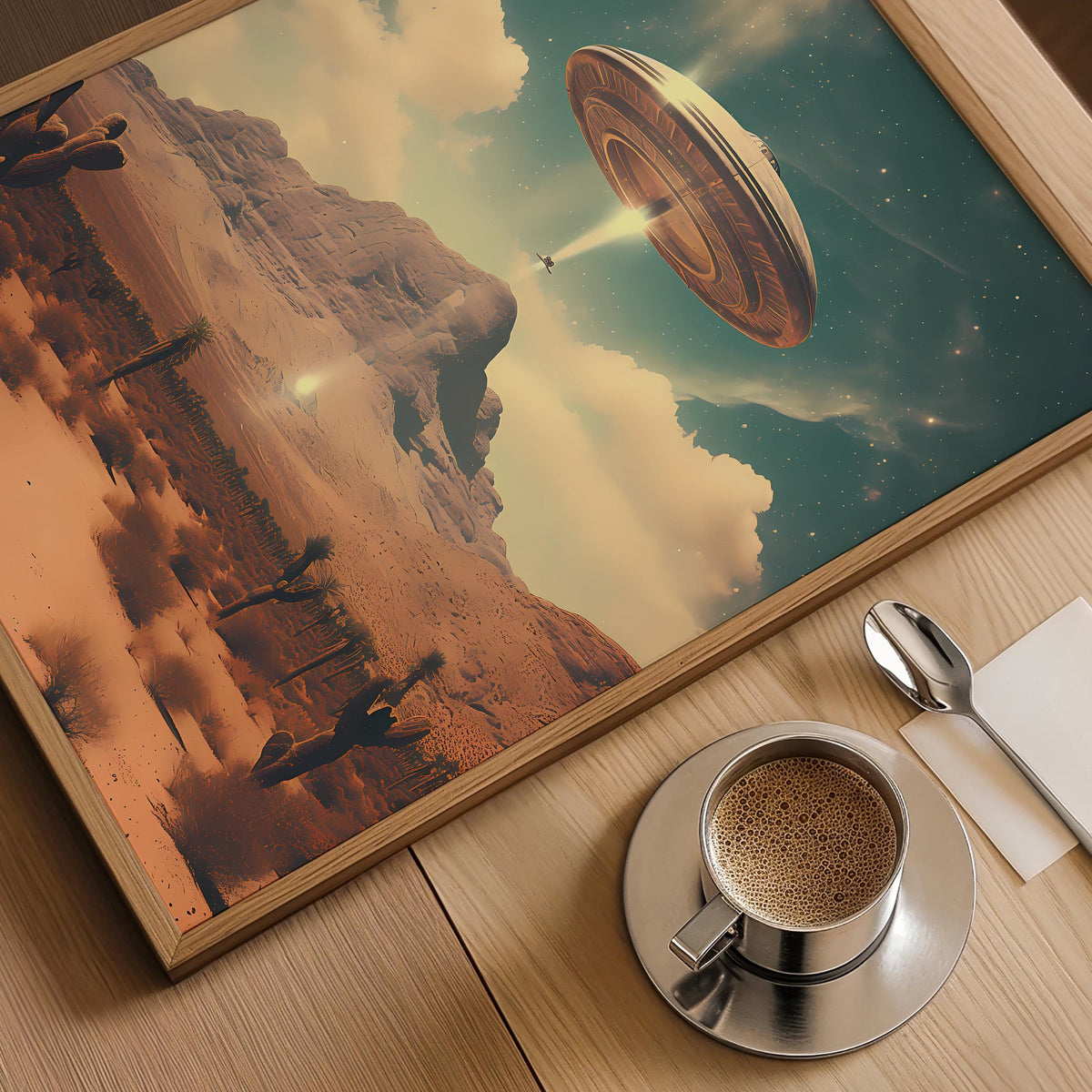 a cup of coffee sitting on top of a wooden table