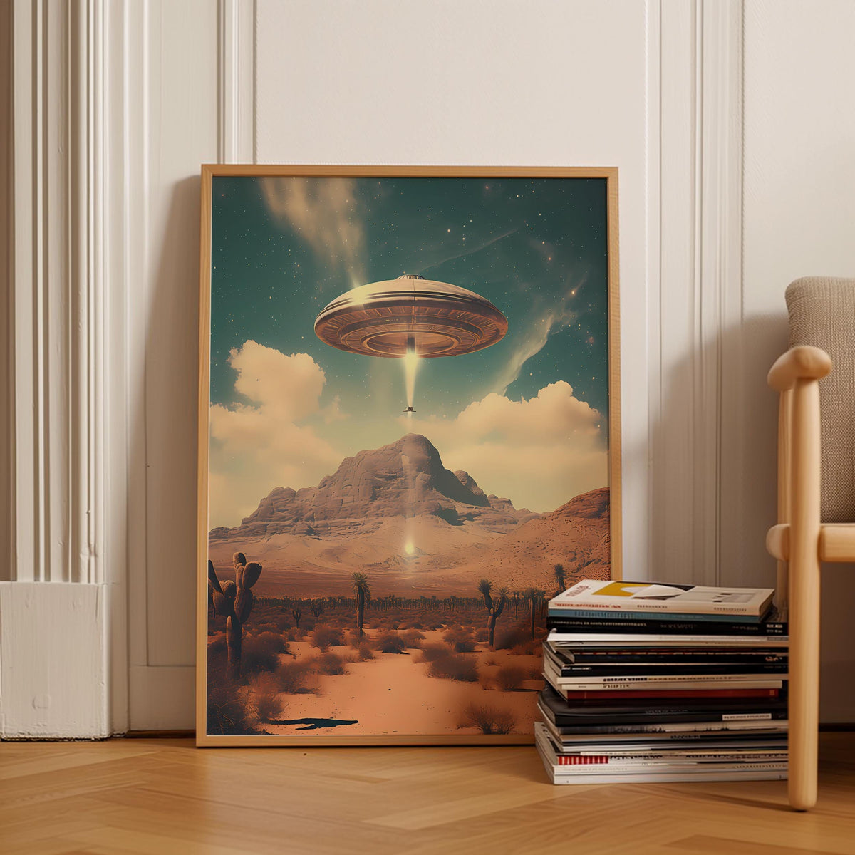 a poster of a flying saucer above a desert landscape