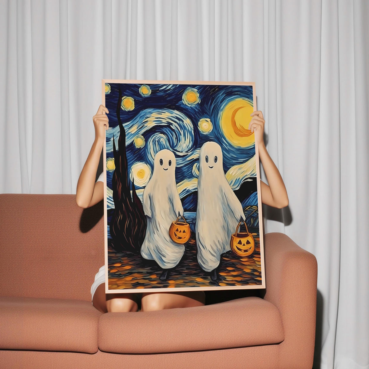 a woman holding up a painting of two ghostes