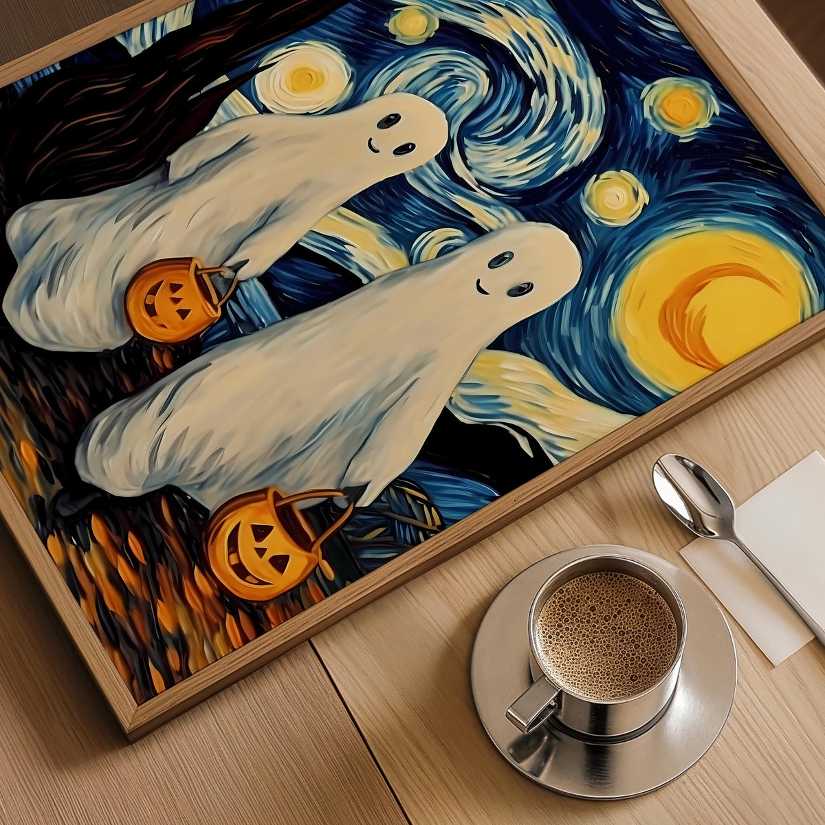 a painting of two ghost bears and a cup of coffee