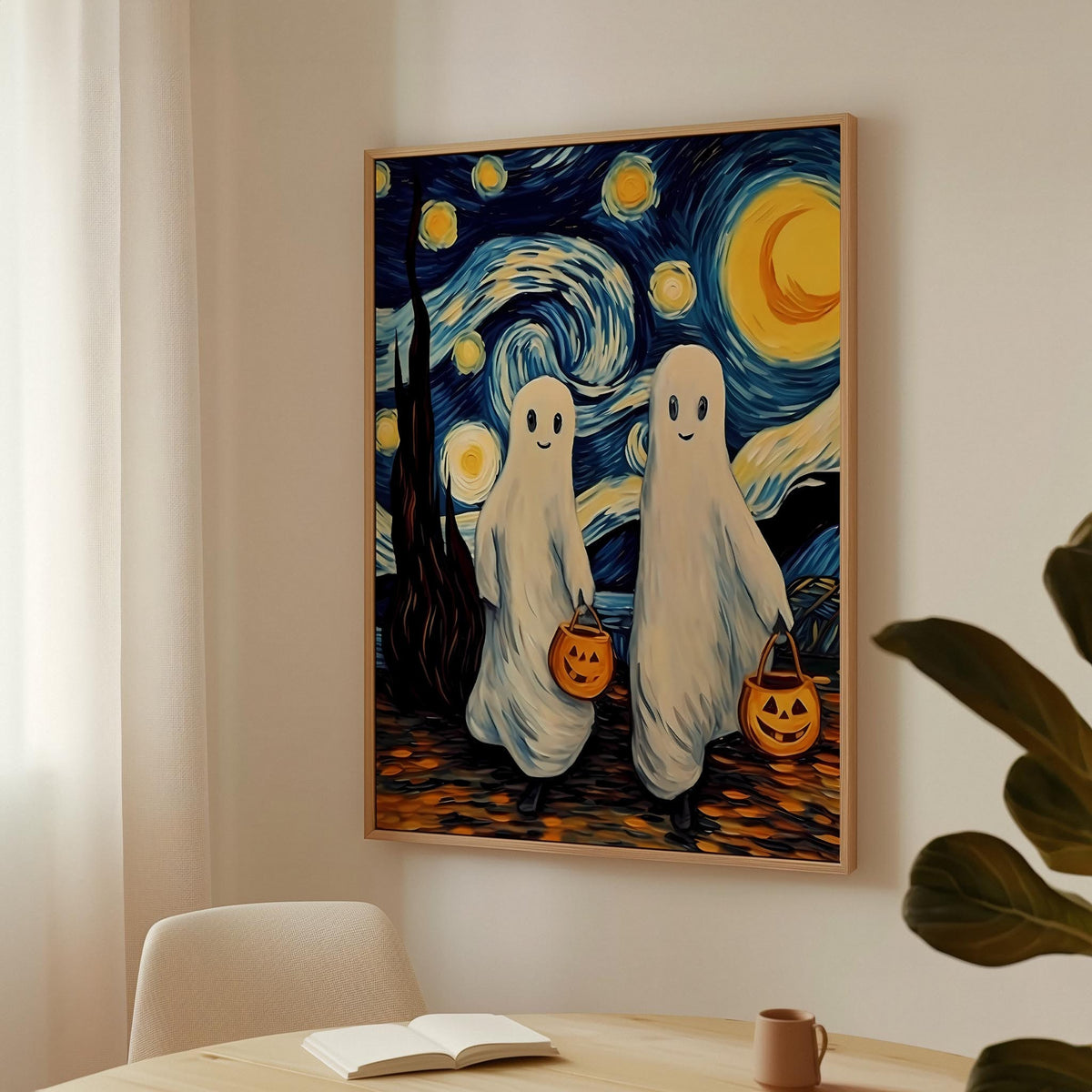 a painting of two ghostes holding pumpkins on a table