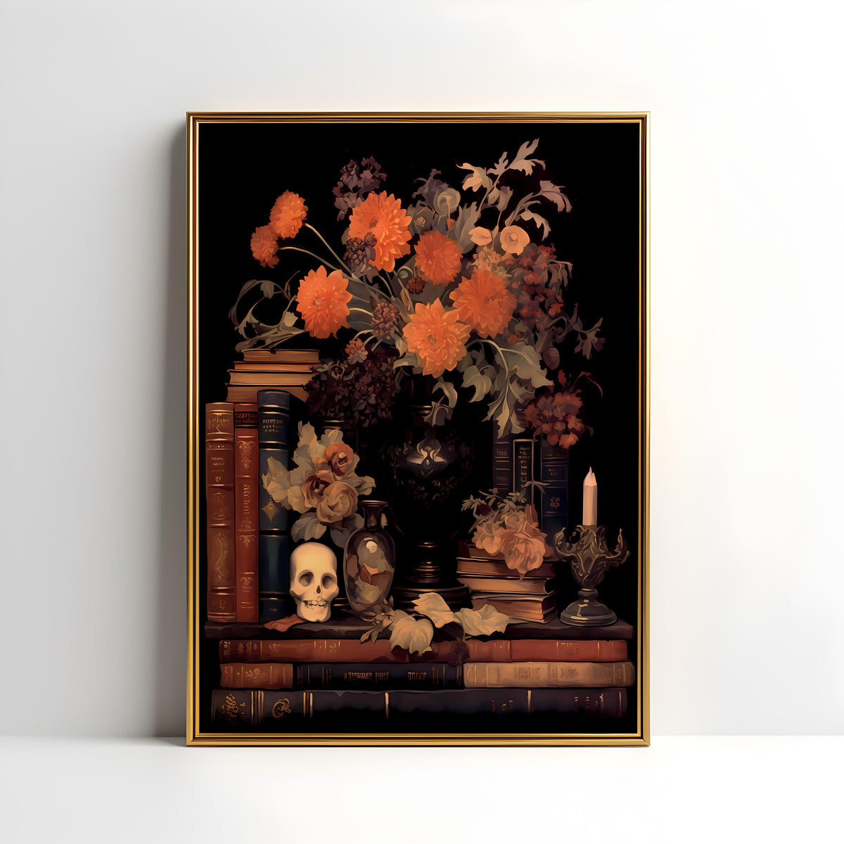 a painting of flowers and books on a shelf