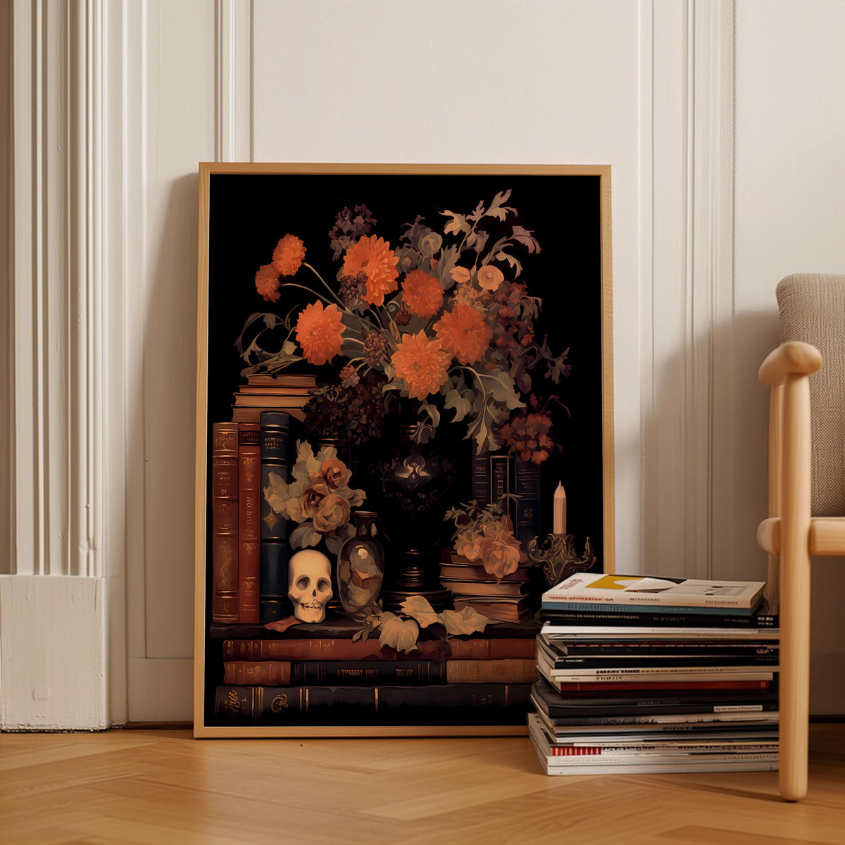 a picture of a vase of flowers and a skull on a bookshelf