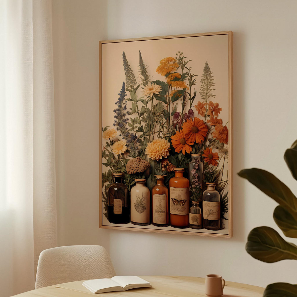 a table with a vase of flowers and a book on it