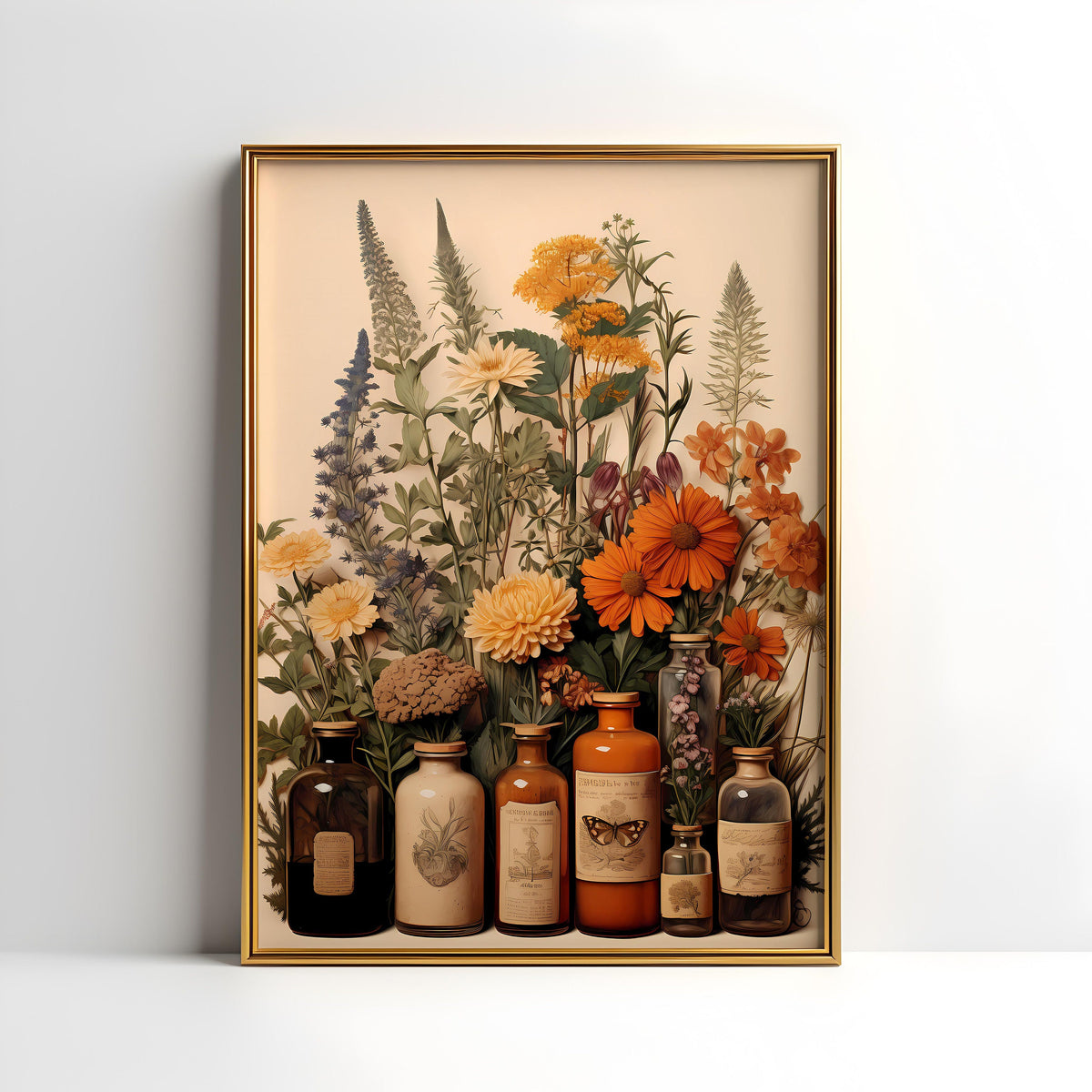 a painting of flowers and jars on a shelf