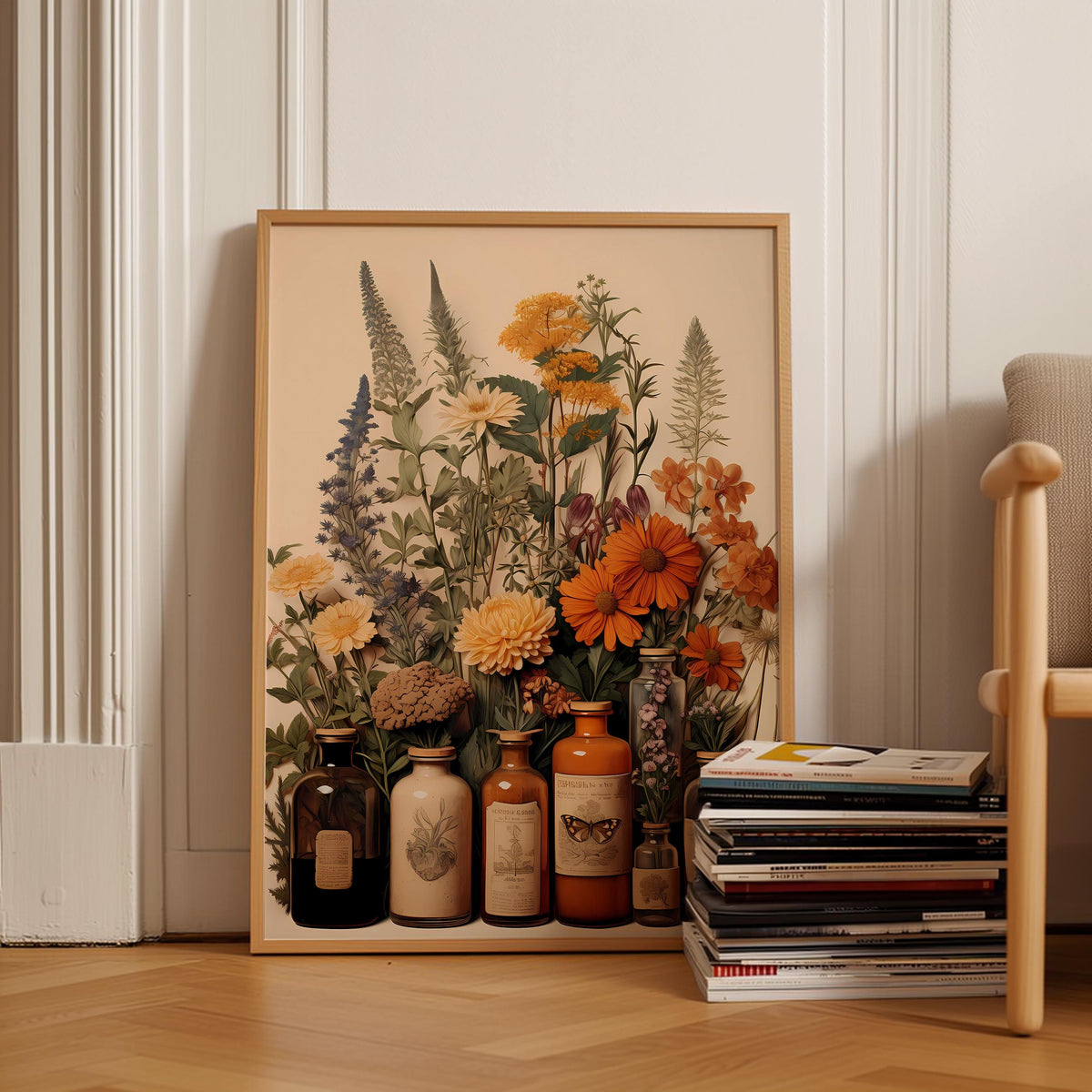 a picture of flowers and jars on a table