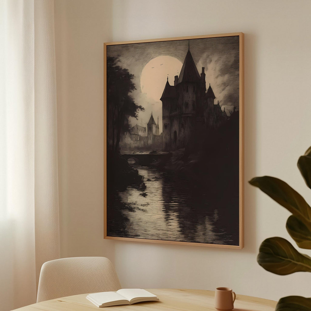 a painting hanging on a wall above a table