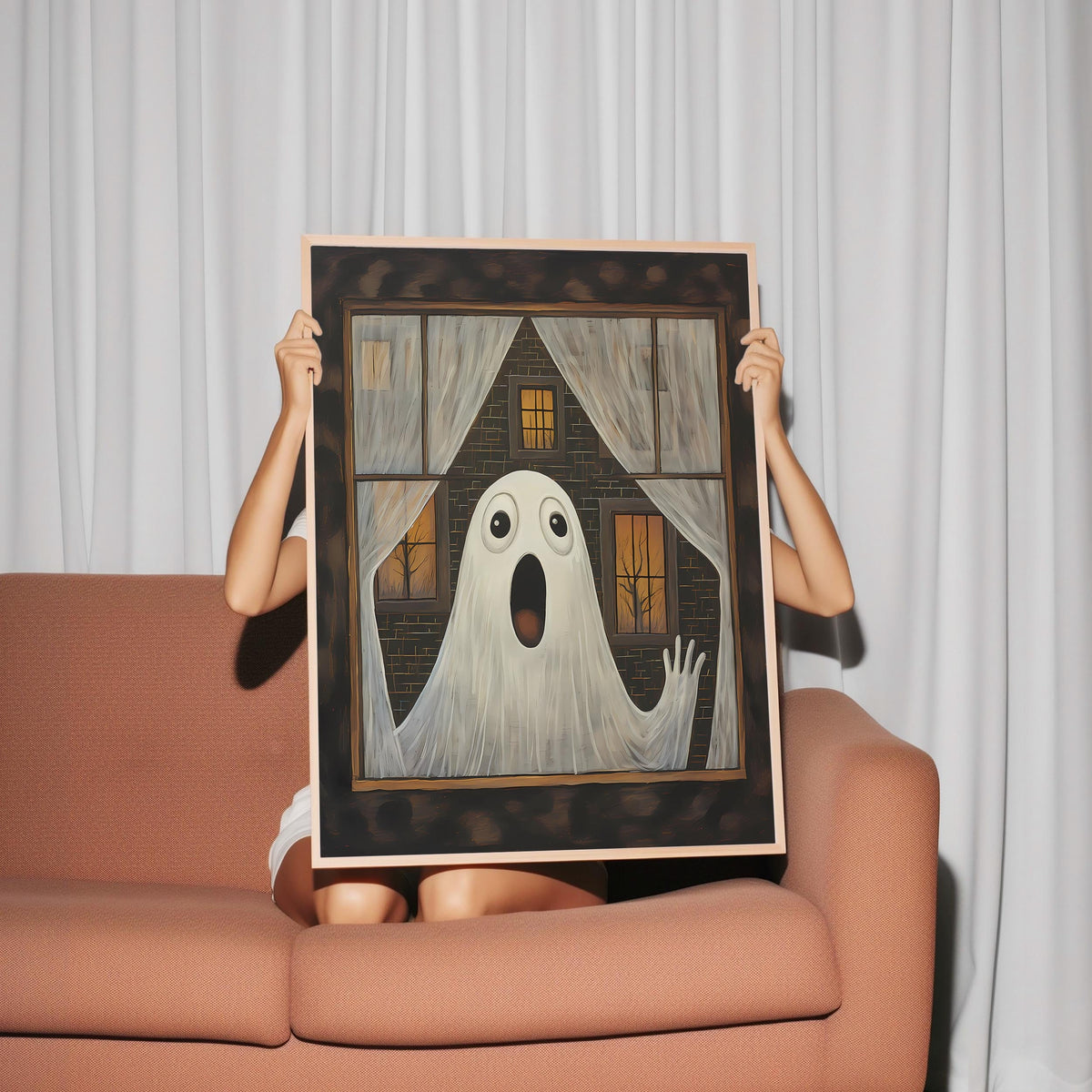 a woman holding up a picture of a ghost