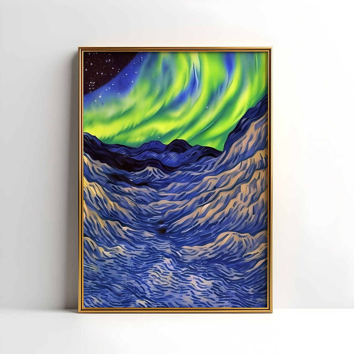 a painting of a green and blue aurora bore