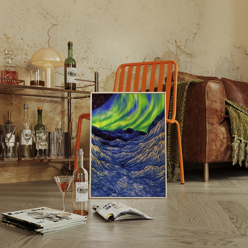 a picture of an aurora over the ocean with a glass of wine and a book