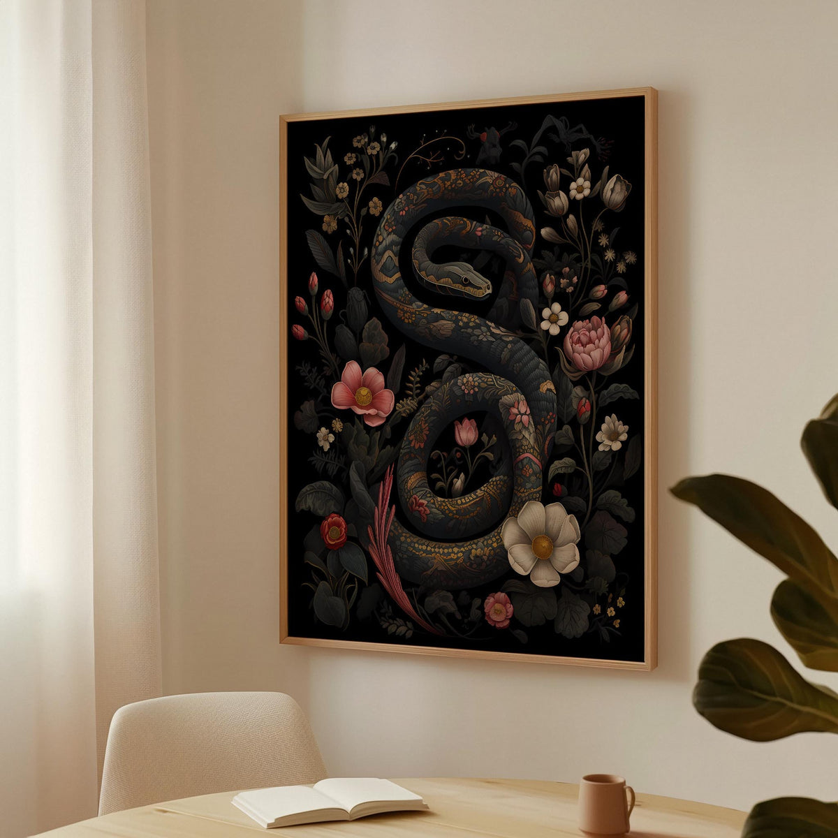 a painting of a snake on a wall above a table