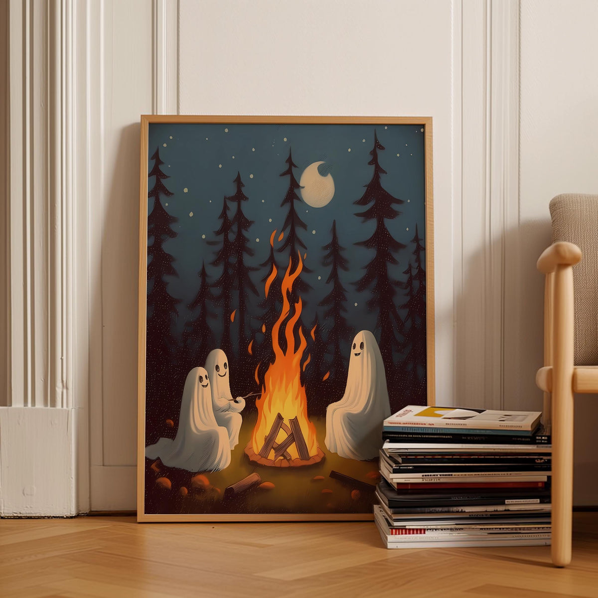 a picture of two ghost sitting in front of a fire