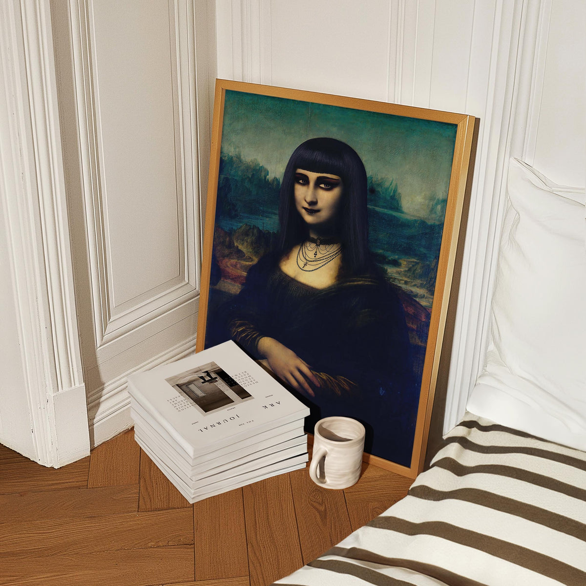 a picture of a woman next to a stack of books