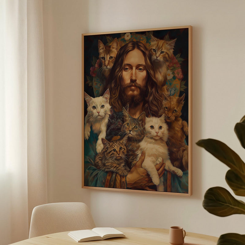 a painting of jesus with cats in front of him