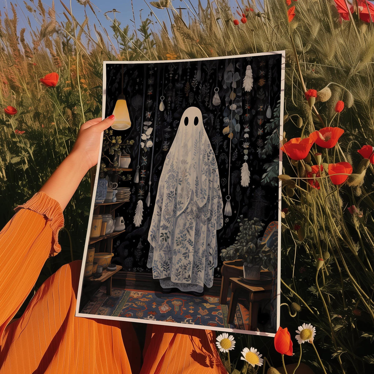 a person holding up a picture of a ghost
