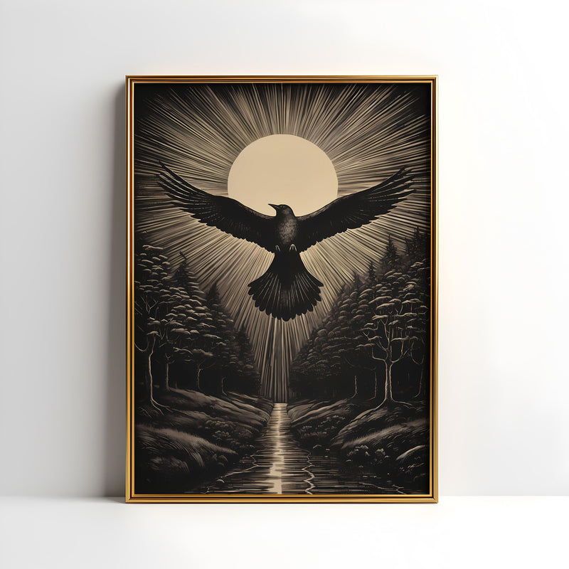 a black and white painting of a bird flying over a forest