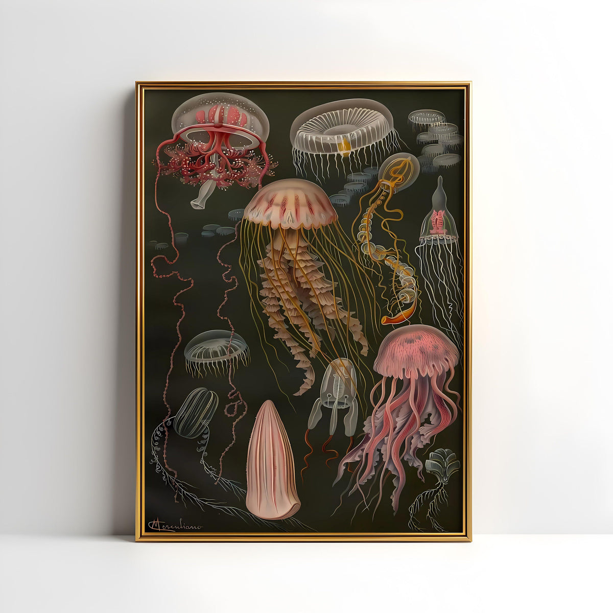 a painting of jellyfish and other sea animals
