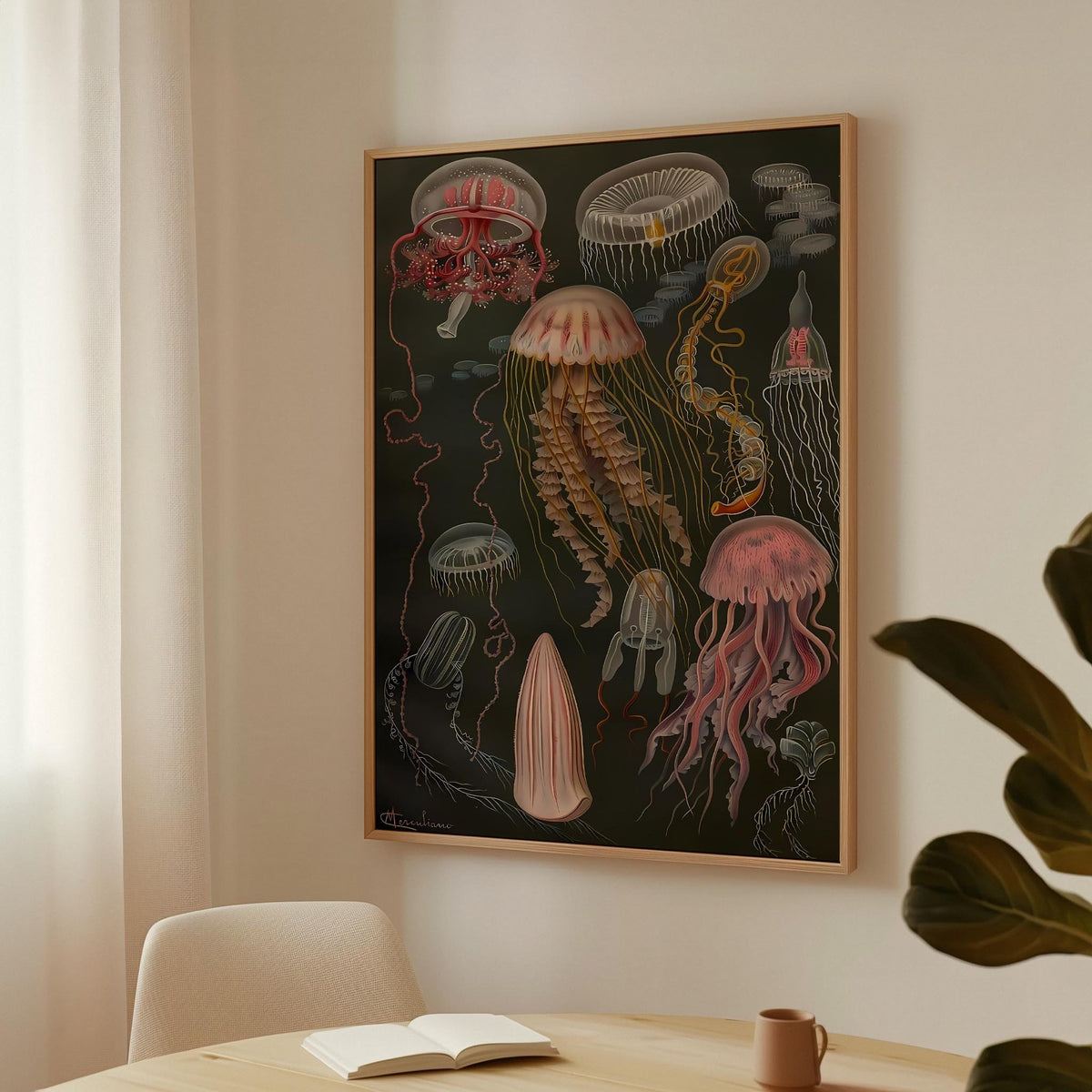 a painting of jellyfish and other sea creatures hangs on a wall