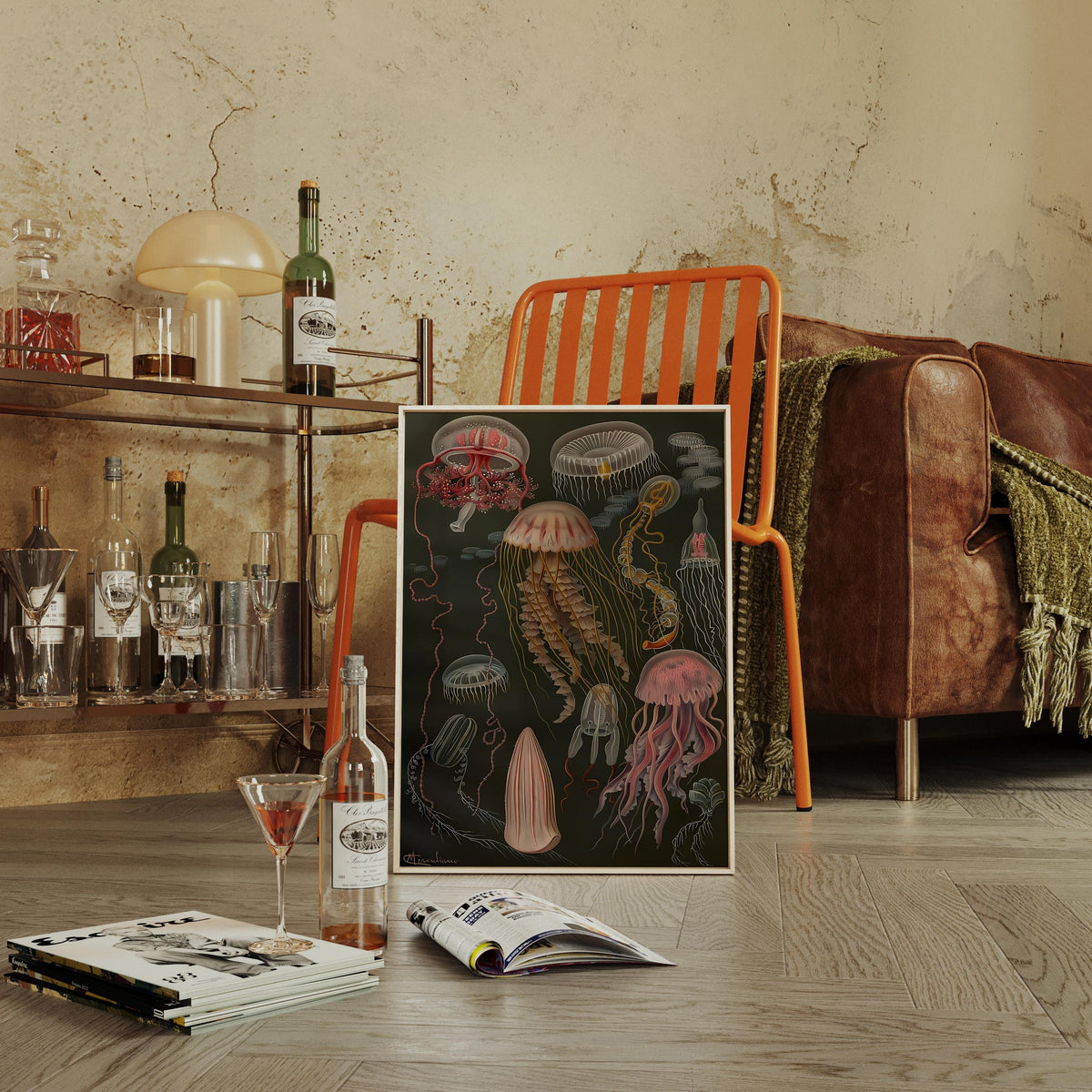 a table with a bottle of wine and a picture of a jellyfish