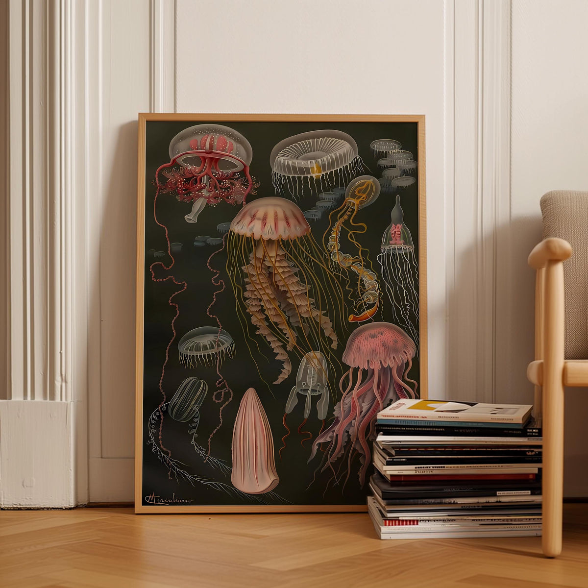 a painting of jellyfish and other sea creatures on a blackboard
