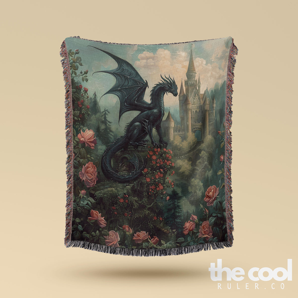 a tapestry with a black dragon on it