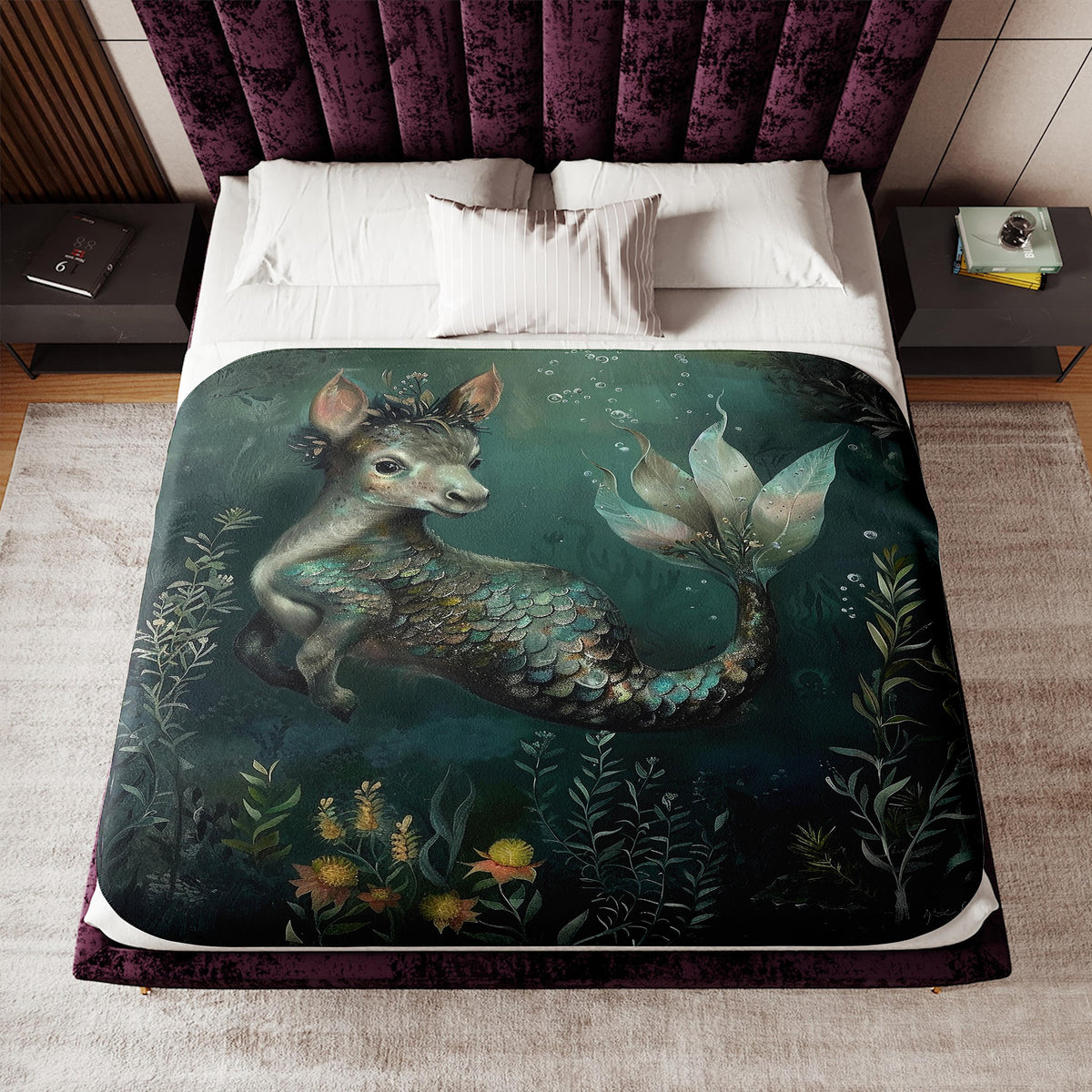 a bed with a picture of a mermaid on it