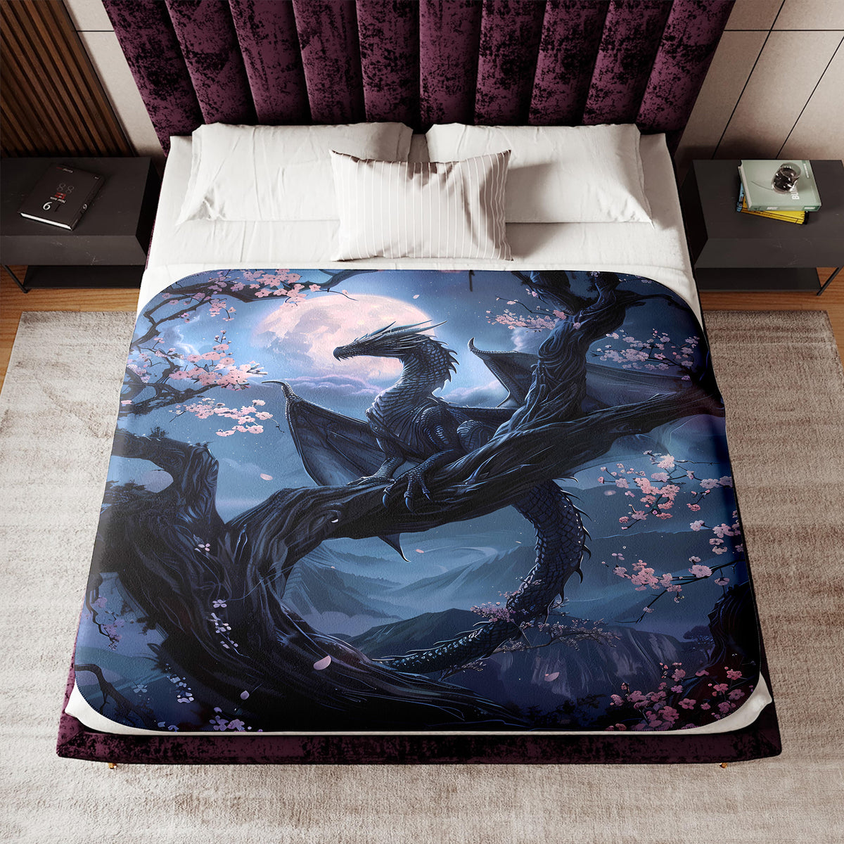 a bed with a dragon design on it