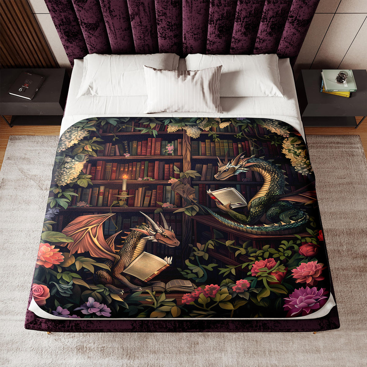 a bed with a dragon and books on it