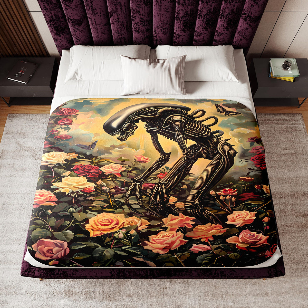 a bed with a painting of a skeleton on it