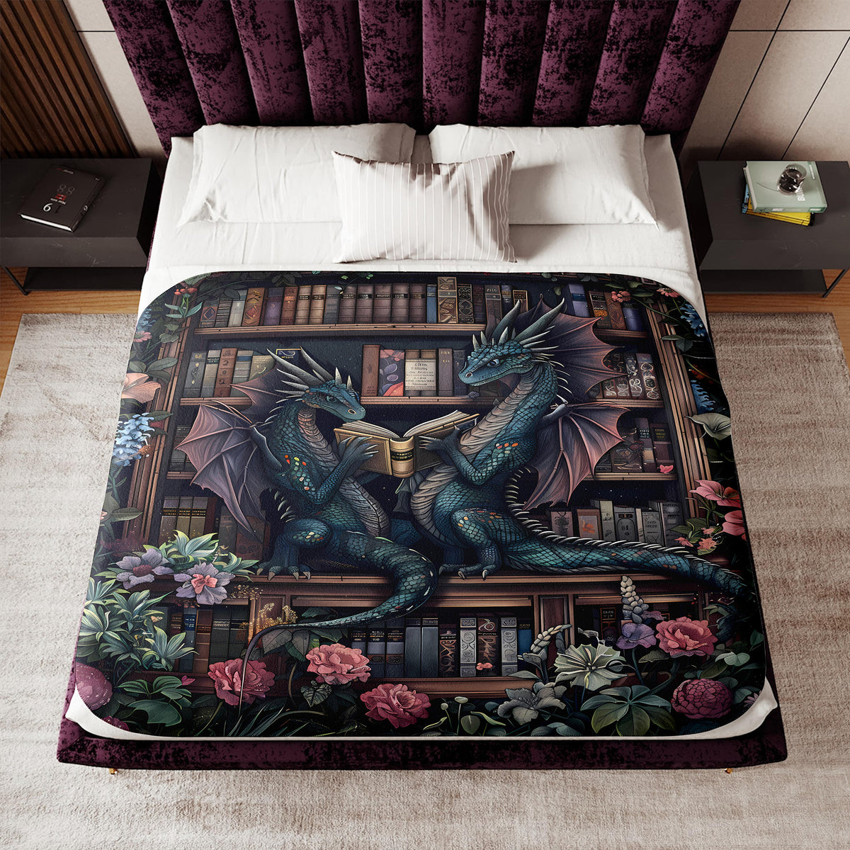 a bed with a dragon and bookshelf on it