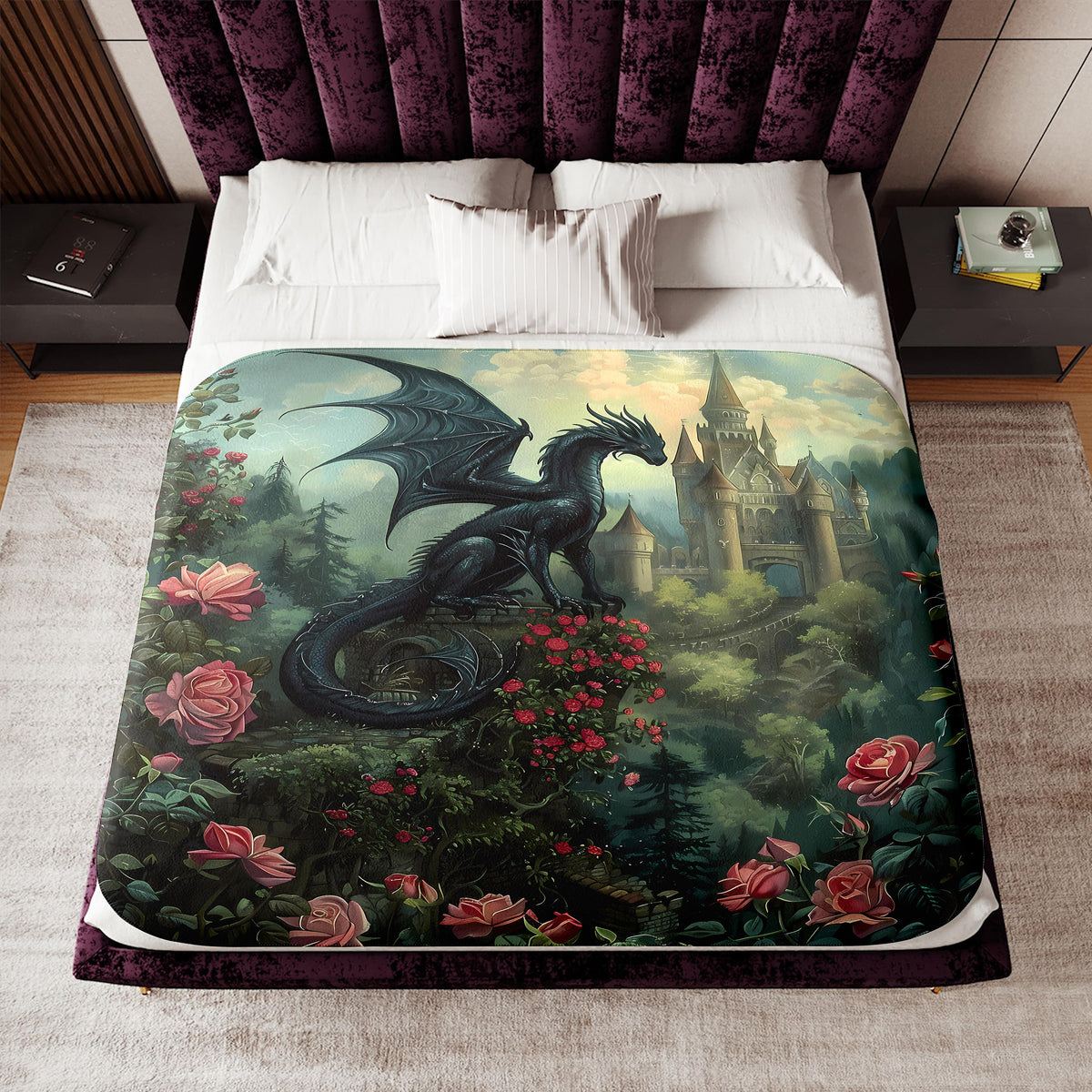 a bed with a dragon on it and a castle in the background