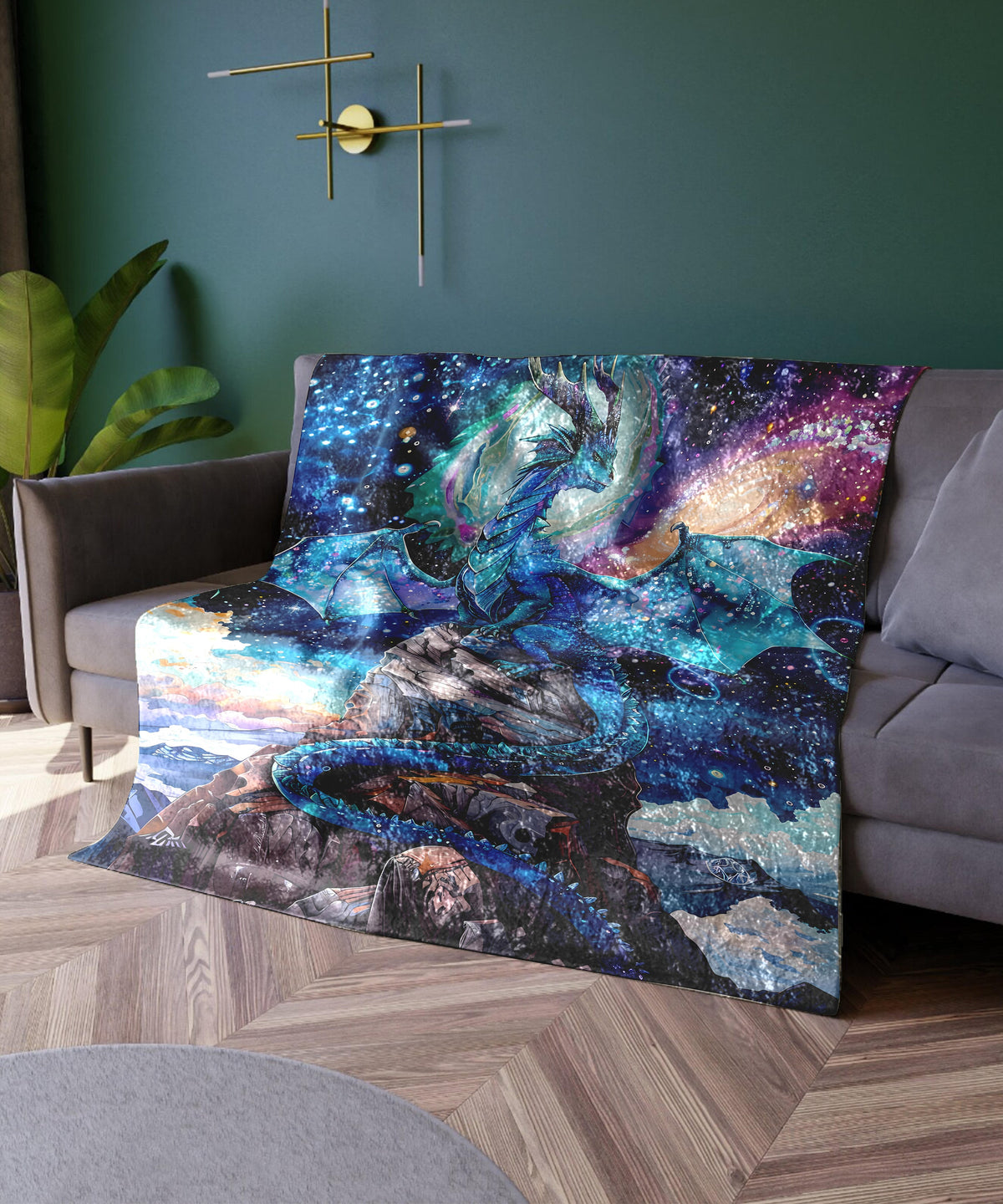 a couch with a painting on the back of it