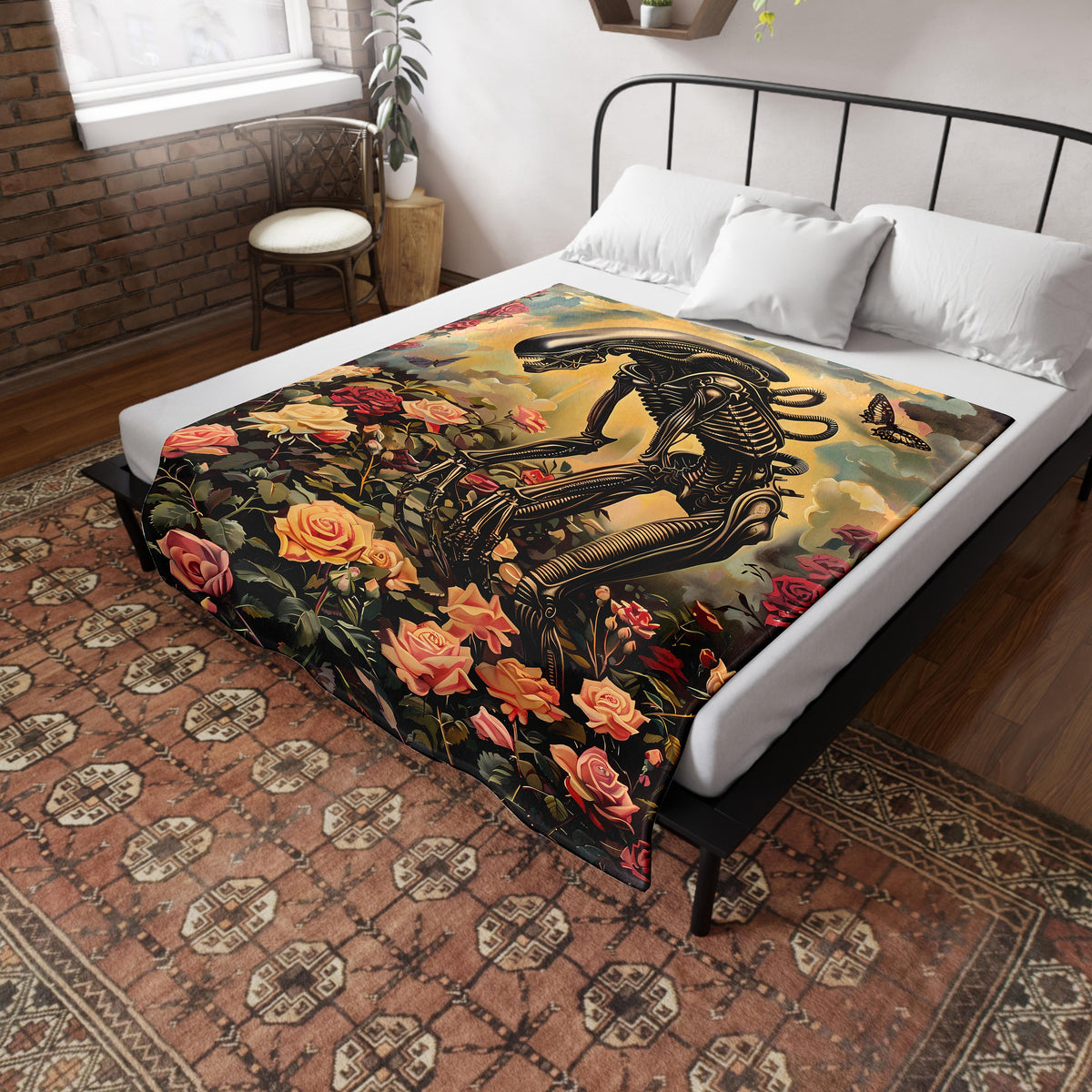 a bed with a dragon and flowers on it