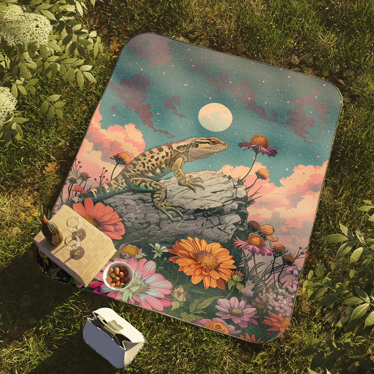 a blanket with a lizard on a rock surrounded by flowers