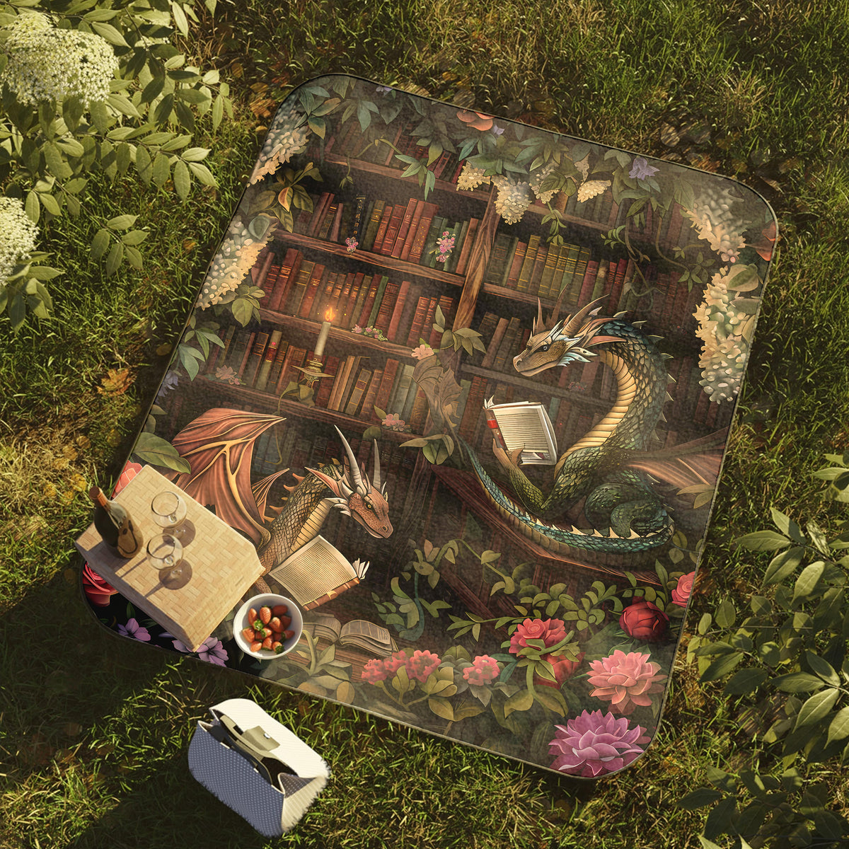 a bookcase with a dragon on it is laying in the grass