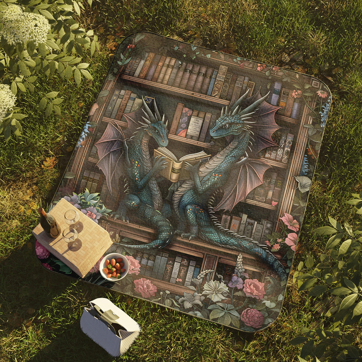 a painting of a dragon sitting on top of a book shelf
