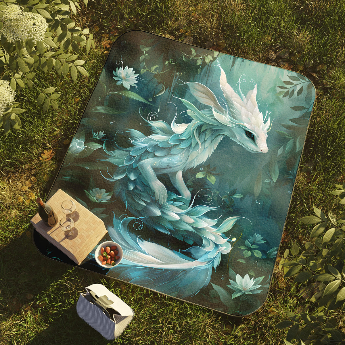 a painting of a white dragon on a green field