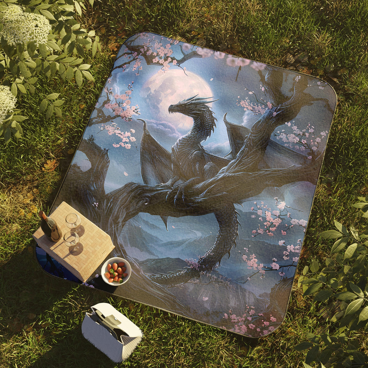 a picnic blanket with a dragon painting on it