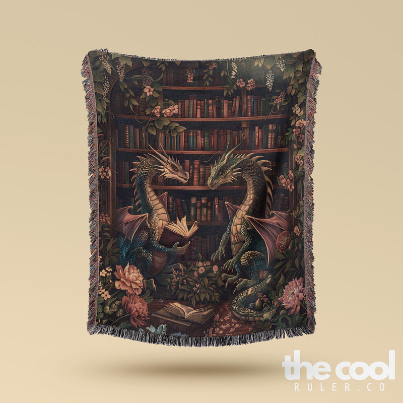 a tapestry of a dragon reading a book