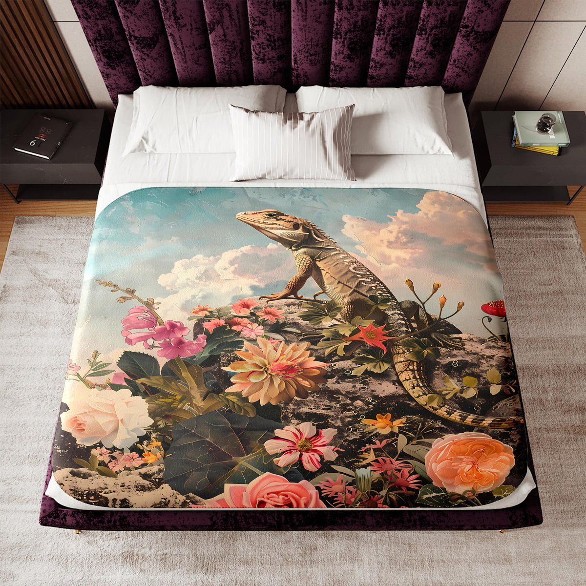 a bed with a painting of a lizard on it