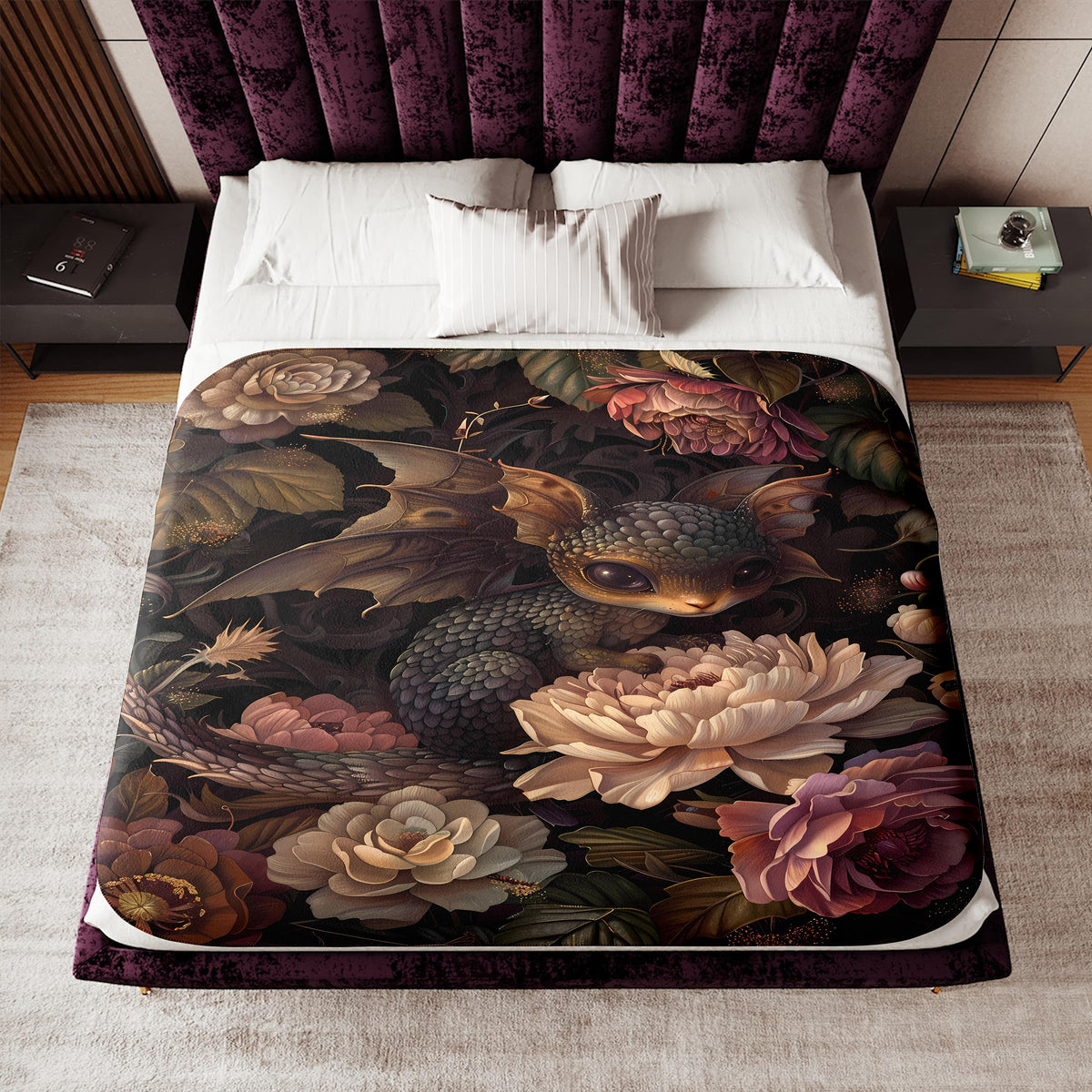 a bed with a floral design on it