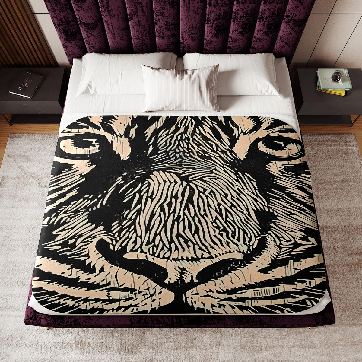 a bed with a tiger design on it