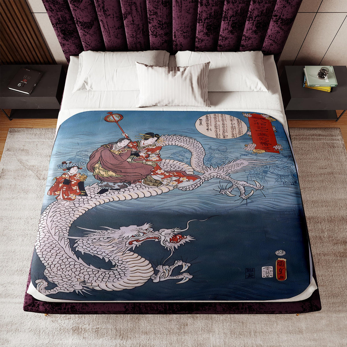 a bed with a painting of a dragon on it