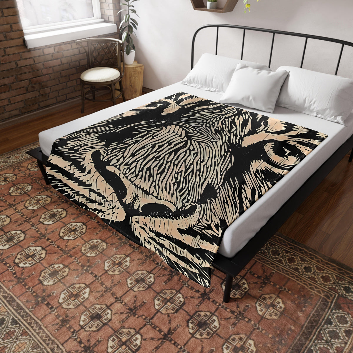 a bed with a tiger print on it