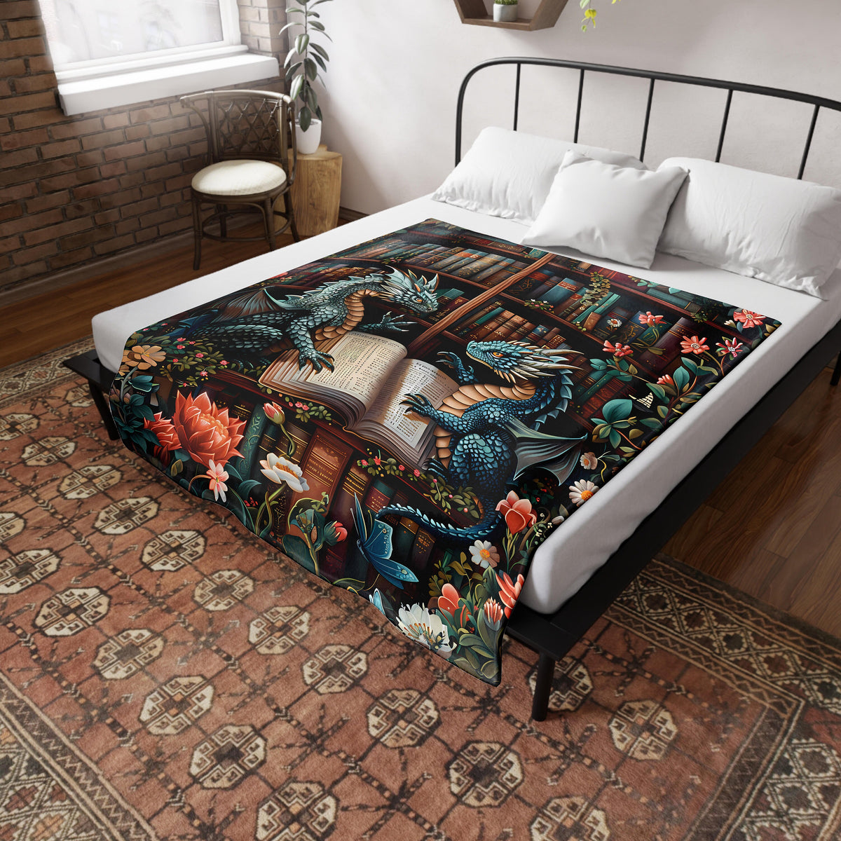 a bed with a colorful comforter on top of it