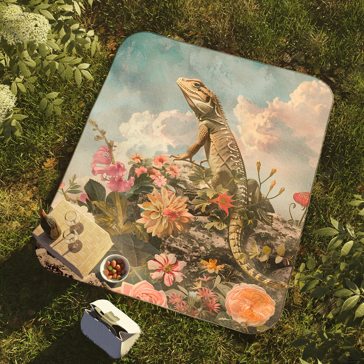 a painting of a lizard sitting on top of a grass covered field