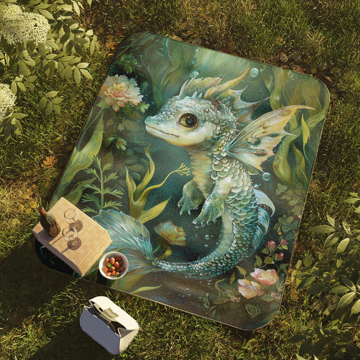 a painting of a blue dragon on a green field